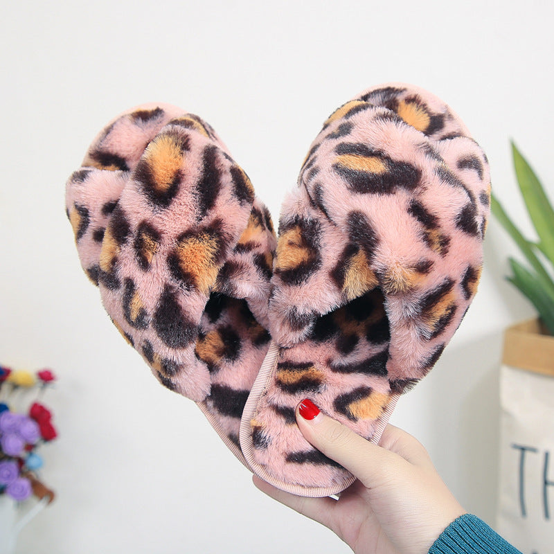 Women’s Leopard Plush Cross-Strap Slippers