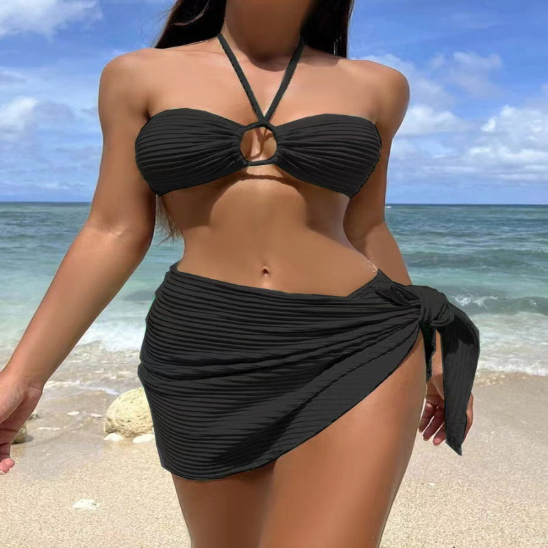 3-Piece Stripe Bikini Set – Solid Color Swimwear