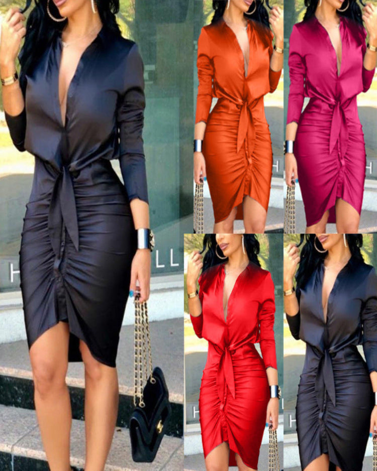 Solid Color Lace-Up Midi Party Dress