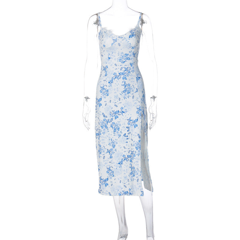 Lace Floral Slit Suspender Dress