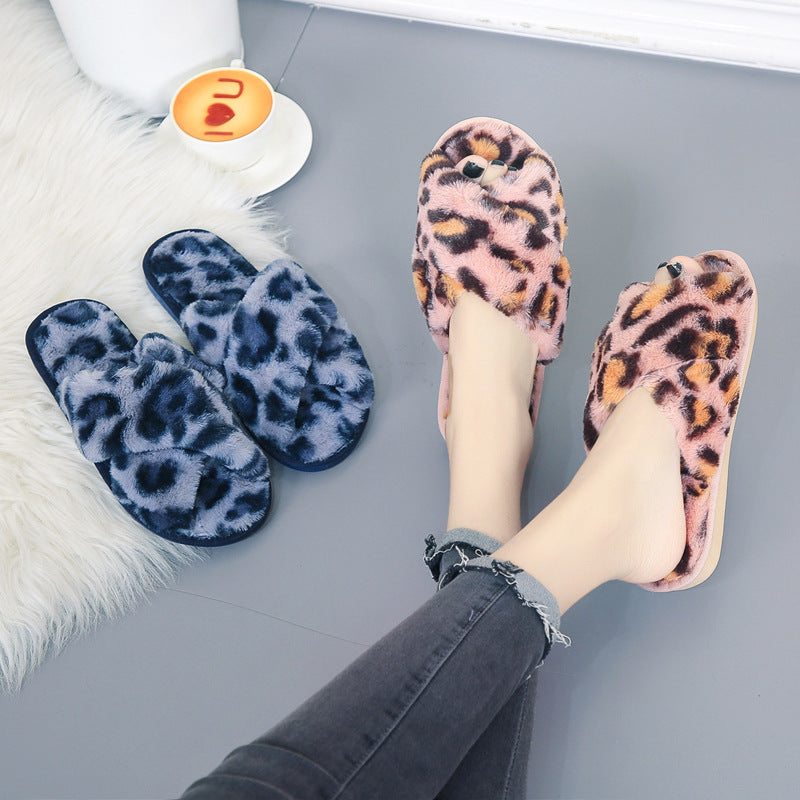 Women’s Leopard Plush Cross-Strap Slippers
