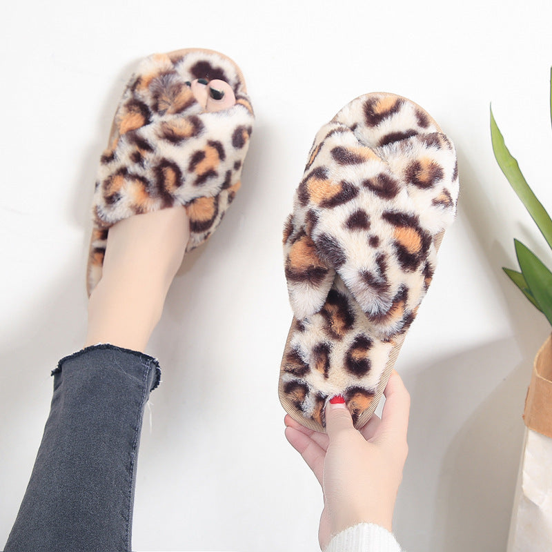 Women’s Leopard Plush Cross-Strap Slippers