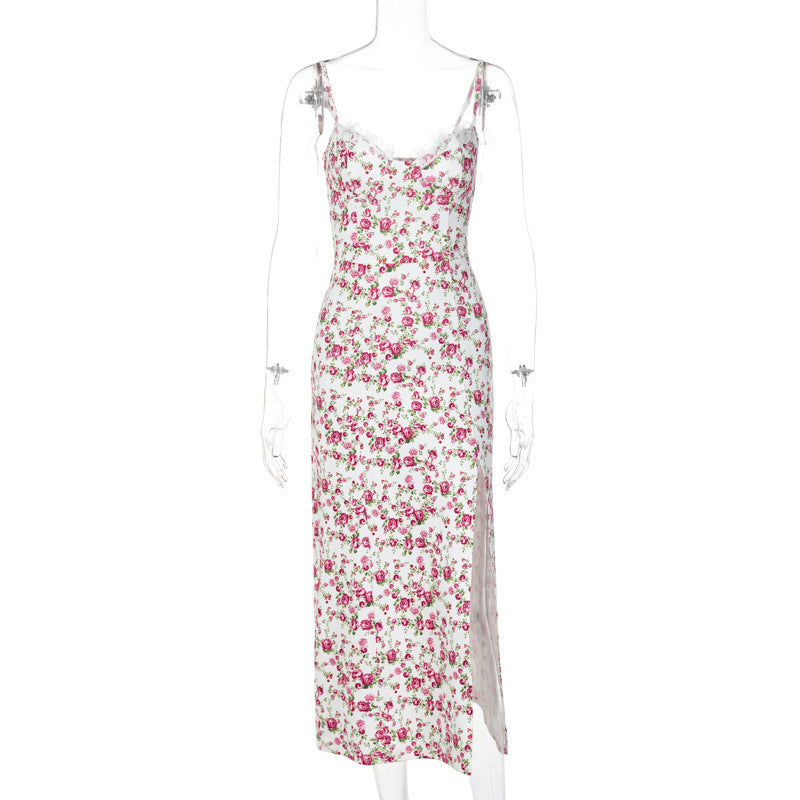 Lace Floral Slit Suspender Dress