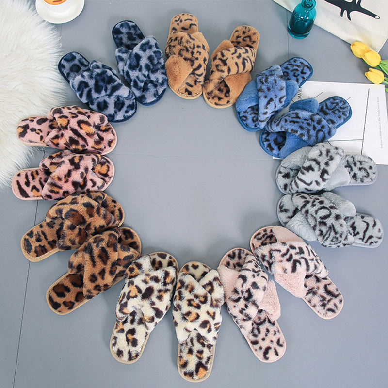 Women’s Leopard Plush Cross-Strap Slippers