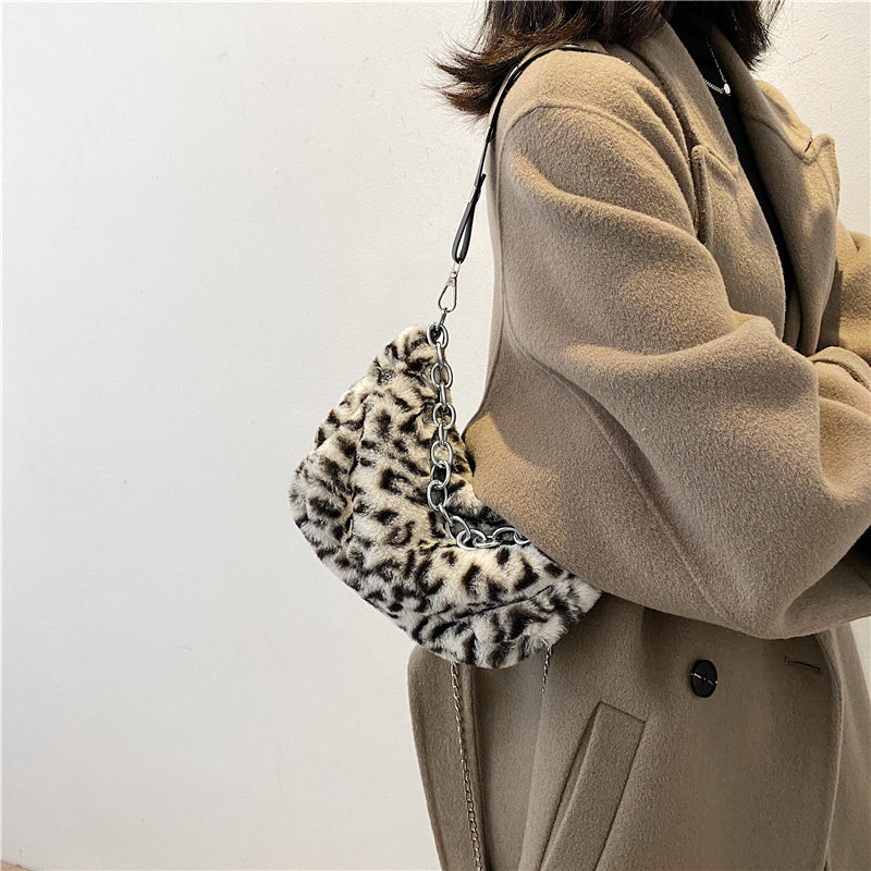 Leopard Plush Chain Shoulder Bag