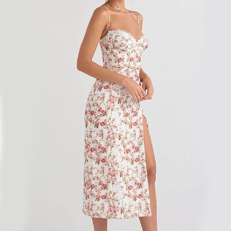 Lace Floral Slit Suspender Dress
