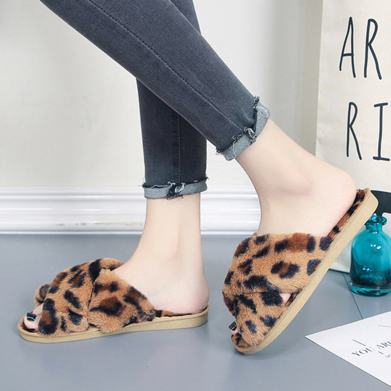 Women’s Leopard Plush Cross-Strap Slippers