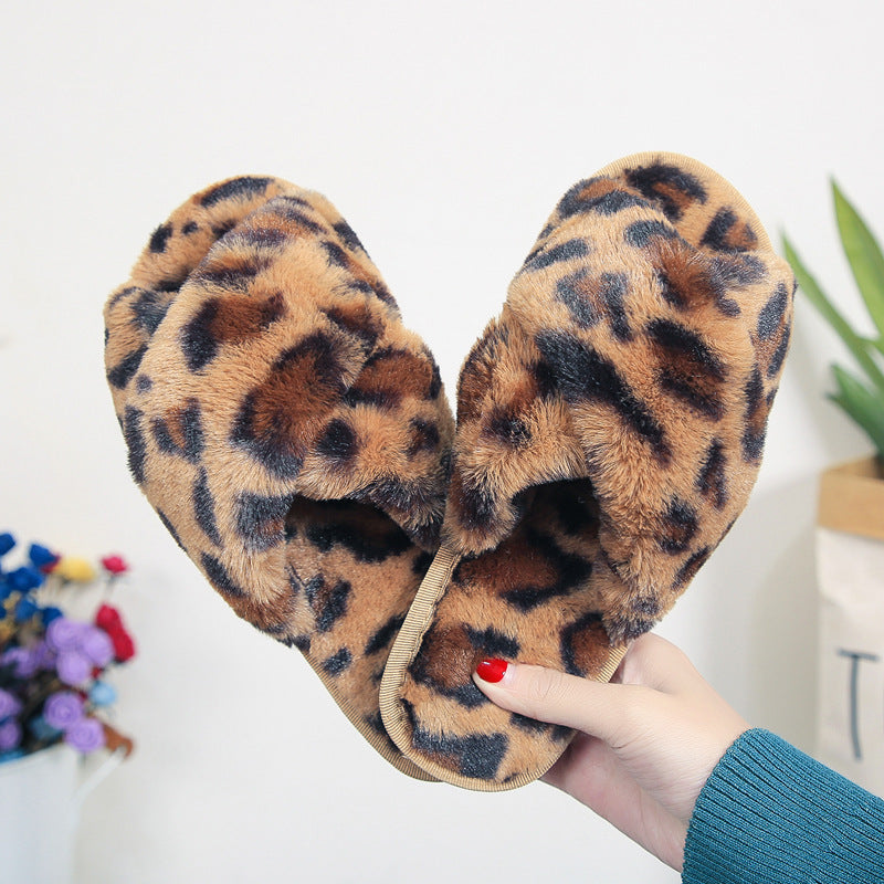 Women’s Leopard Plush Cross-Strap Slippers