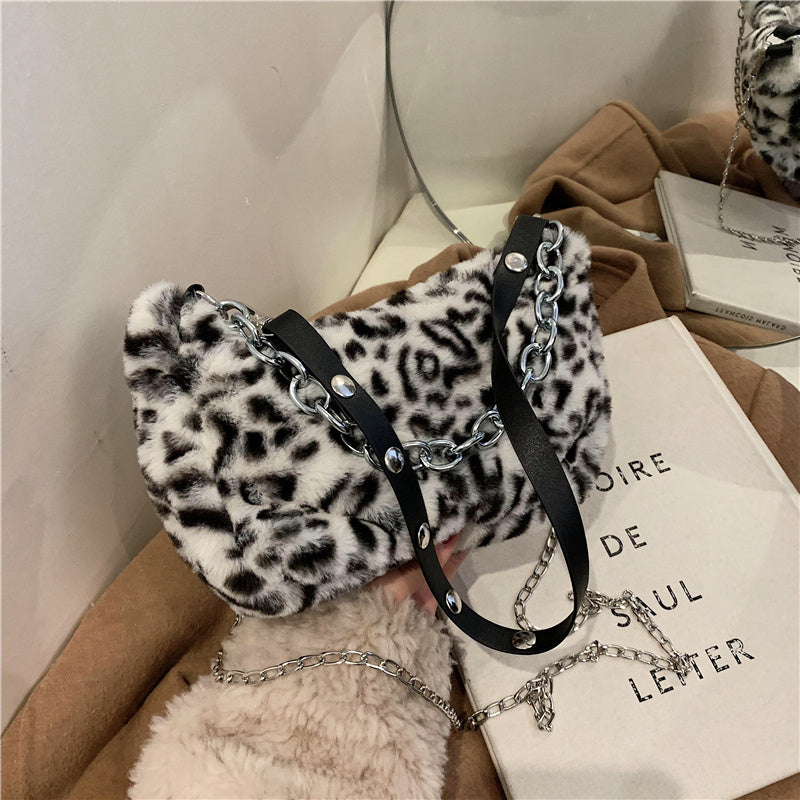 Leopard Plush Chain Shoulder Bag