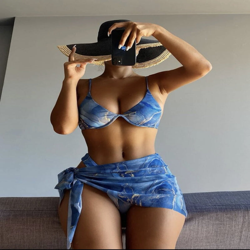 Marble Printed 3pcs Bikini Set