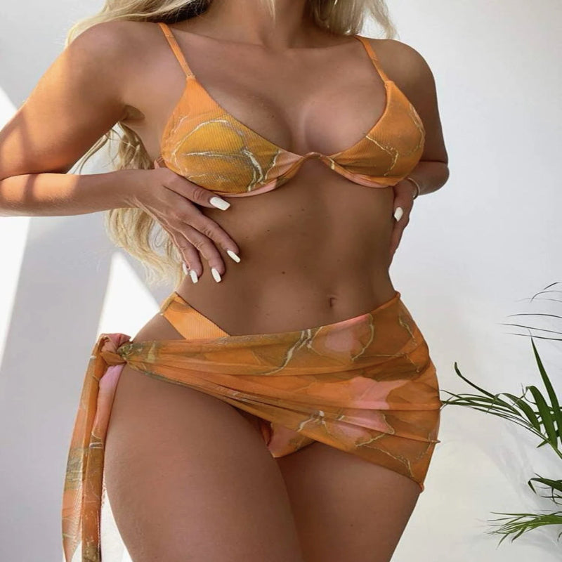 Marble Printed 3pcs Bikini Set