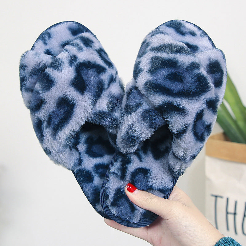 Women’s Leopard Plush Cross-Strap Slippers