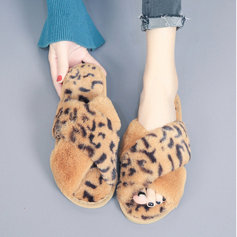 Women’s Leopard Plush Cross-Strap Slippers