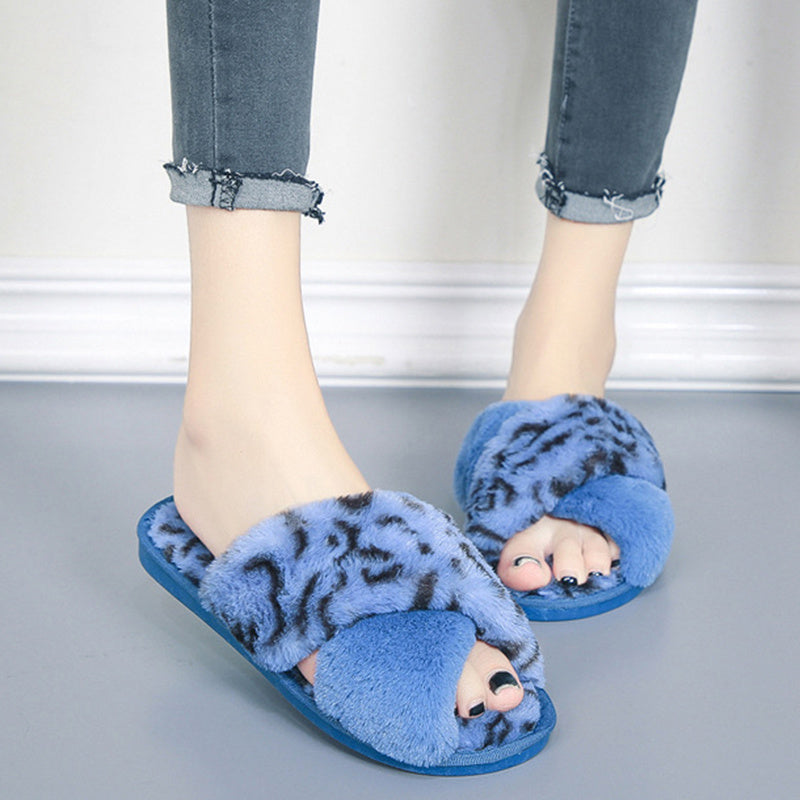 Women’s Leopard Plush Cross-Strap Slippers
