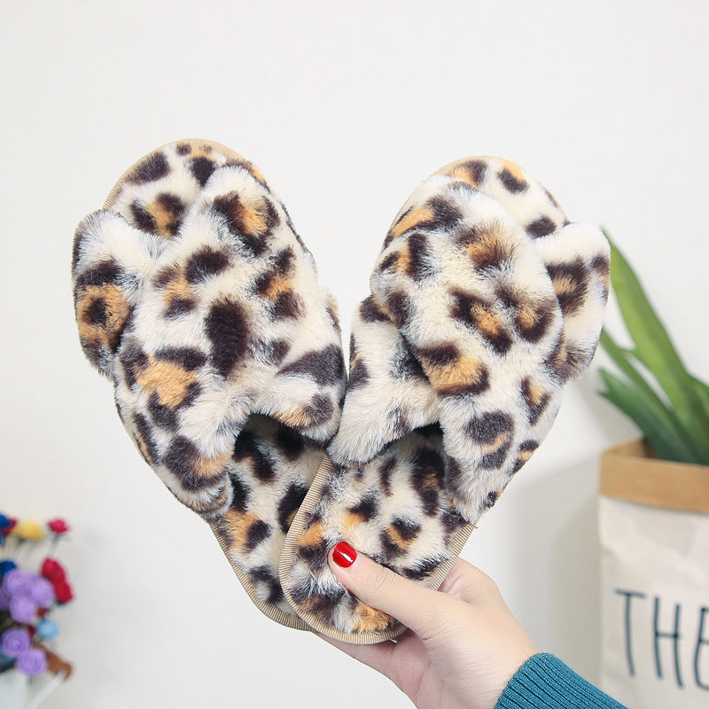 Women’s Leopard Plush Cross-Strap Slippers