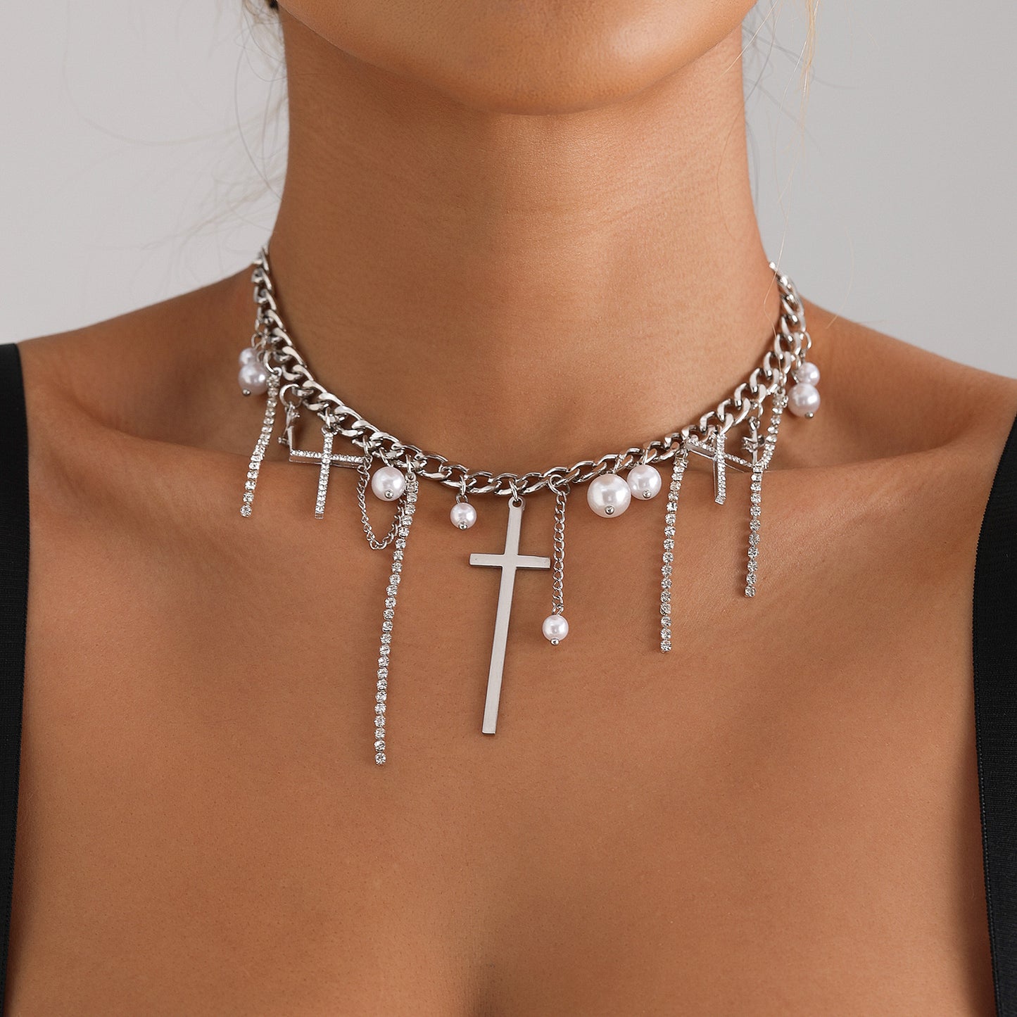 Cross Tassel Pearl Necklace