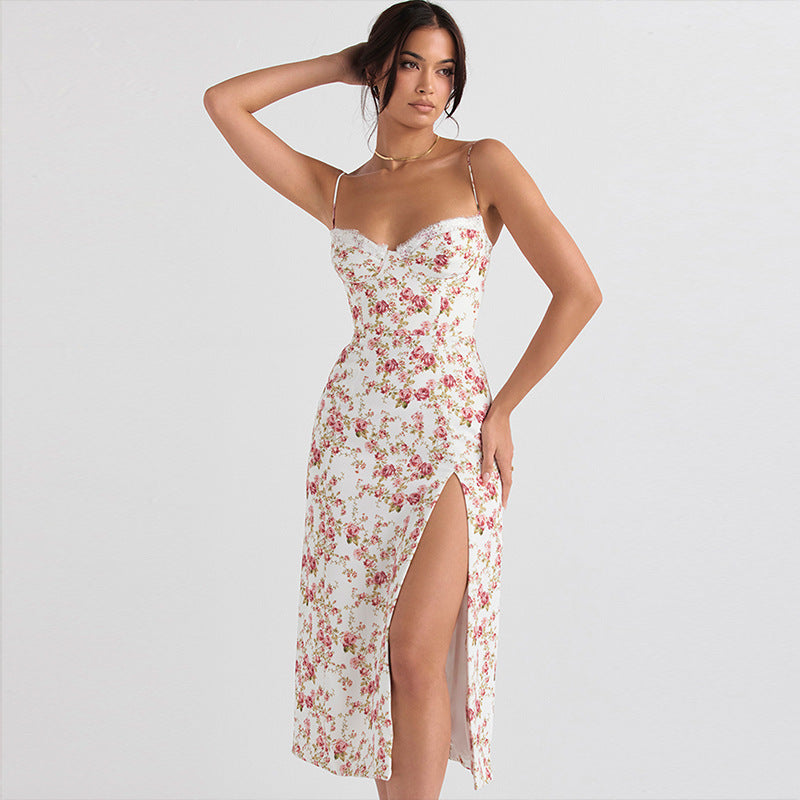Lace Floral Slit Suspender Dress