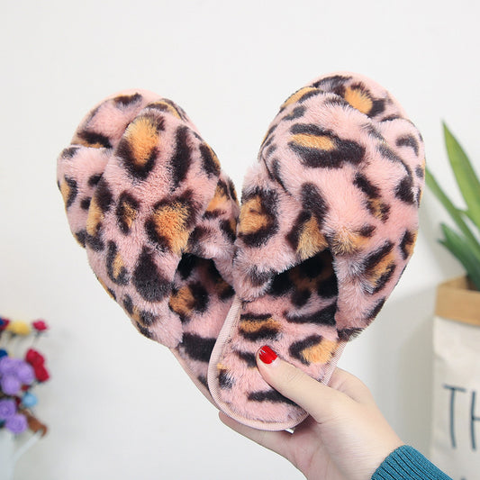 Women’s Leopard Plush Cross-Strap Slippers