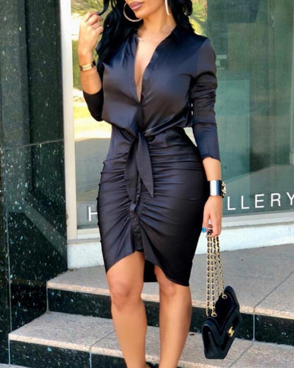 Solid Color Lace-Up Midi Party Dress