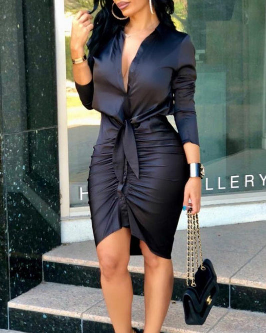 Solid Color Lace-Up Midi Party Dress