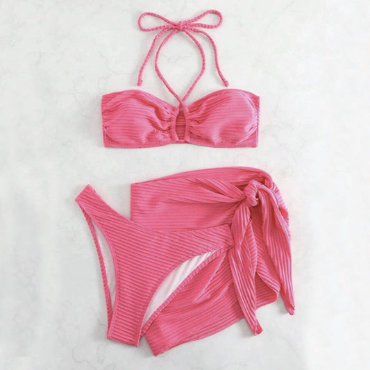 3-Piece Stripe Bikini Set – Solid Color Swimwear