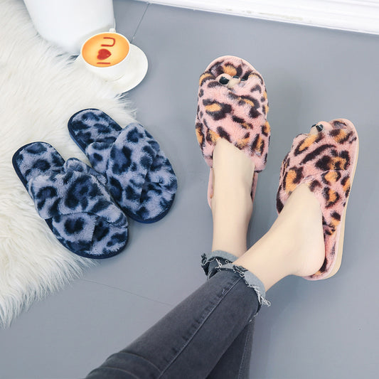 Women’s Leopard Plush Cross-Strap Slippers