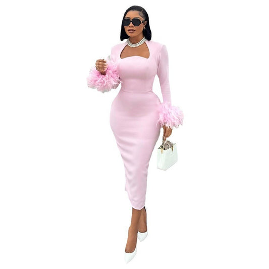 Sweet Square Collar Feather Dress