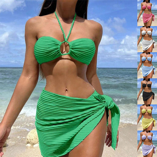 3-Piece Stripe Bikini Set – Solid Color Swimwear