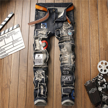 Men’s Distressed Jeans with Badge Detail