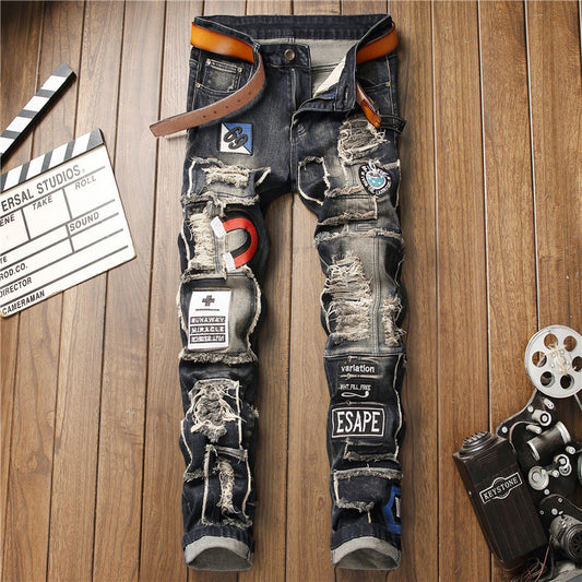 Men’s Distressed Jeans with Badge Detail