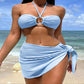 3-Piece Stripe Bikini Set – Solid Color Swimwear