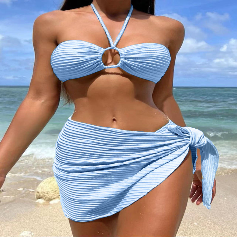 3-Piece Stripe Bikini Set – Solid Color Swimwear
