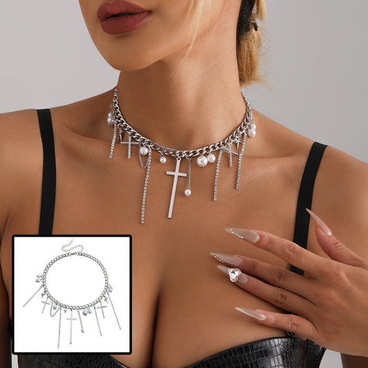 Cross Tassel Pearl Necklace