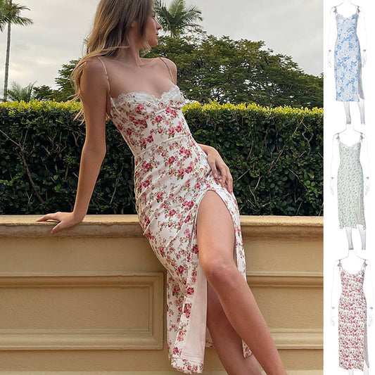 Lace Floral Slit Suspender Dress