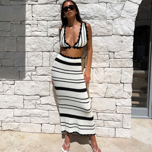 2pcs Striped Bikini & Sling Dress Set